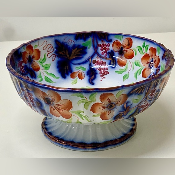19th Century Vtg Gaudy Welsh Grape Pattern Flow Blue Lusterware Pedestal Bowl - Picture 3 of 16